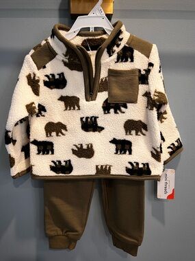 Petit Lem Olive & Cream Bear Sherpa Pullover Set